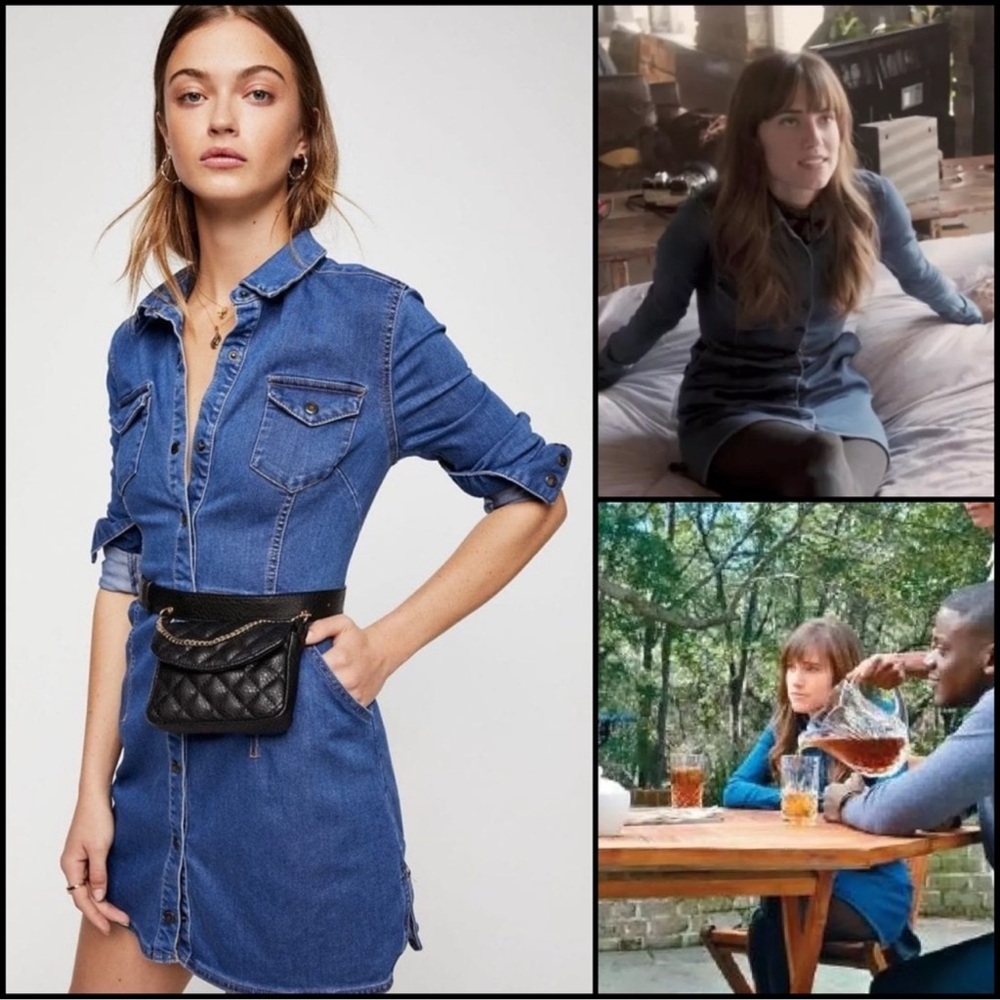 Free People Dynamite Mini Dress in 70s Blue Denim Button Front Size Medium